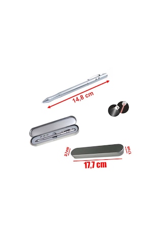 Metal Kutulu Kırmızı Lazerli, Beyaz Led Işıklı Pointer İşaretçi Kalemi Metal Tükenmez Kalem Gümüş