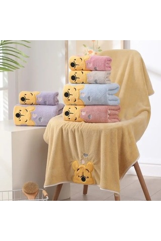 Zyzqstore Kalınlaşmış Mercan Kadife Banyo Havlusu Nakış Pooh Ayı Çok Renkli Çok Renkli