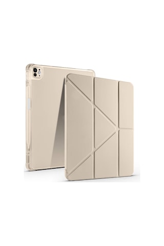 Apple Uyumlu iPad Pro 13 2025 M5 Kılıf Mkst Tri Folding Kalem Bölmeli Standlı Kılıf - Gold Tablet Kılıfı
