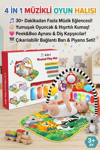 Safari Temalı 4'ü 1 Arada Müzikli Işıklı Sesli Piyanolu Oyuncaklı Aksesuarlı Eğitici Oyuncak Halı