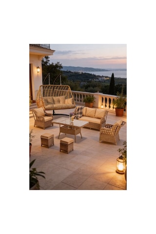 Dora Garden Home Ecem 7 Kişilik Rattan Bahçe Mobilyası Ve 2 Kişilik Rattan Salıncak Seti Kahverengi Siyah Çizgili