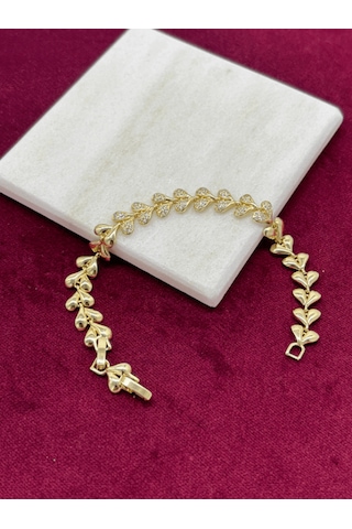 Parlak Ve Taşlı Kalp Figürlü Gold Bileklik Gold