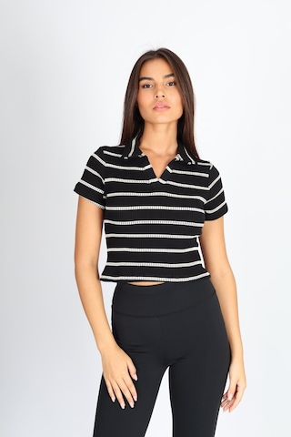 Soft&Basic Polo Yaka Raporlu Jakar Crop Fit T-shirt Siyah