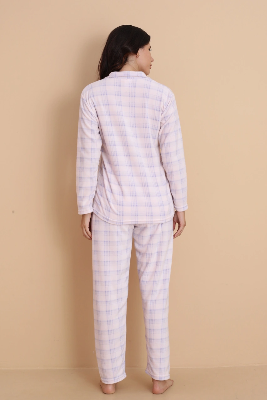 Fawn 1604 Boydan Düğmeli Polar Kışlık Kadın Pijama Takımı Pembe