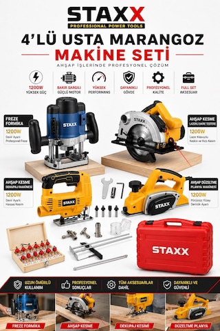 Staxx Mrz4us 4'lü Ahşap İşleme Marangöz Makine Seti Freze + Daire Testere + Dekupaj + Planya Mak