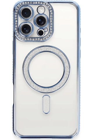 Apple Uyumlu iPhone 16 Pro Kılıf Joke Seri Magsafe Özellikli Taşlı Simli Silikon Kapak Mavi