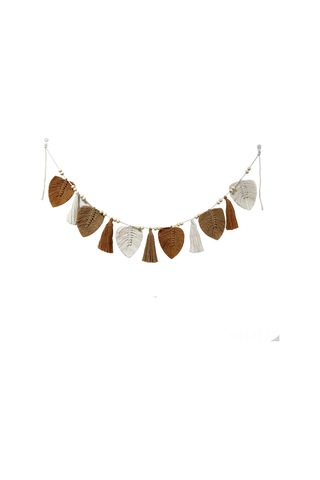 Yifomall Keten İp El Dokuma Yaprak Desenli Duvar Süsü, Akrilik Detaylı Tırnaklı Duvar Dekoru, Ev Odası/butik Dekorasyonu, Krem Renk, 15x150 Cm