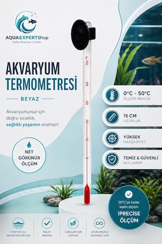 Akvaryum Termometre - Beyaz - Hassas Ölçüm - Cam Termometre - 0/50 Derece Arası Ölçüm - Net Görünür - Güçlü Vantuz
