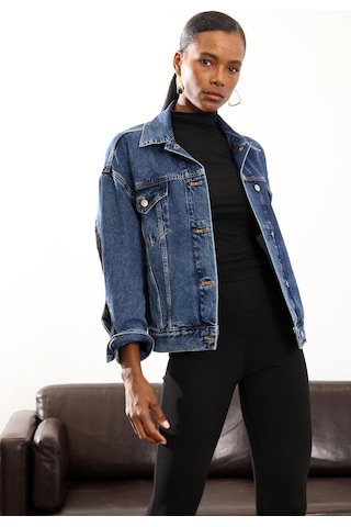 Mavi Dantel Detaylı Kot Ceket Mavi