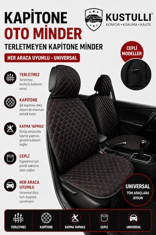 Kustulli 3'lü Pilot Kapitone Terletmeyen Oto Koltuk Minder Cepli Model Kırmızı Ön Arka Koltuk Minderi