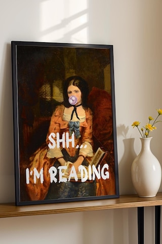 Saturn Shh I'm Reading Çerçeveli Tablo Klasik Portre Kitap Okuyan Kadın Kütüphane Ve Çalışma Odası Dekoru Altered Art