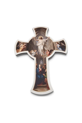 Katedral Mimarili Ahşap Duvar Haçı - Hz. İsa, Meryem Ana Ve Melekler Kabartma Dini Dekor Tek Parça