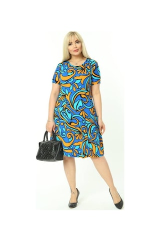 Melsay Butik Turkuaz Desen Kısa Kollu Büyük Beden Midi Elbise Turkuaz
