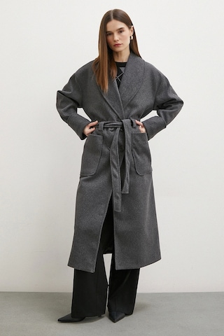 Kuşaklı Şal Yaka Kaban Antrasit