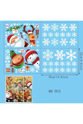 80 Adet Kar Tanesi Pencere Cam Yapışkanları, Noel Baba Geyik Çıkartmaları