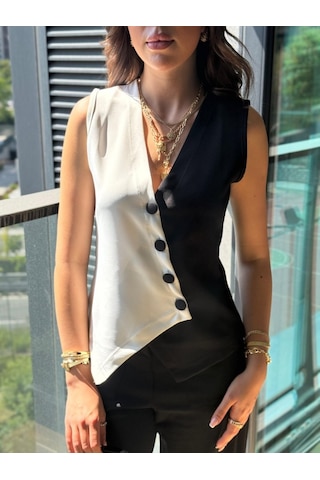 Sensuelle Kadın Sıfır Kol V Yakalı Düğmeli Blok Renkli Atlas Yelek Siyah