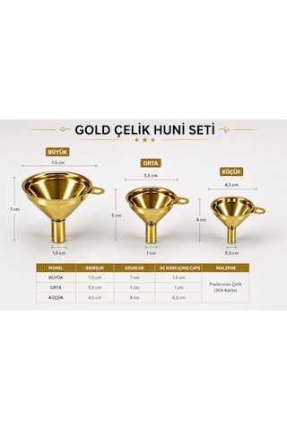 Morponi 3 Parça Paslanmaz Çelik Gold Huni Seti Büyük Orta Küçük Boy Mutfak Doldurma Hunisi