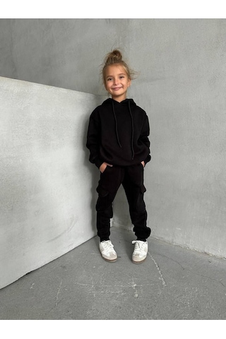 Üç İplik Kapüşonlu Şardonlu Takım Beyaz - Turuncu