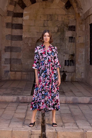 Monamise 23029 Kadın Gömlek Yakalı Önden Düğmeli Kloş Elbise-çiçekli Çok renkli