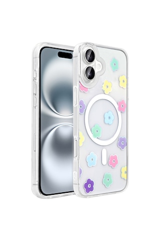 Techaks Apple Uyumlu iPhone 16 Plus Kılıf M-safe Şarj Özellikli Şeffaf Zore Folk Sert Kapak - Papatya Beyaz