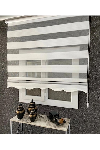 Geniş Plise Ekru Beyaz Eteği Dilimli Stor Zebra Güneşlik Perde Alüminyum Kasa, Metal Ayak Beyaz