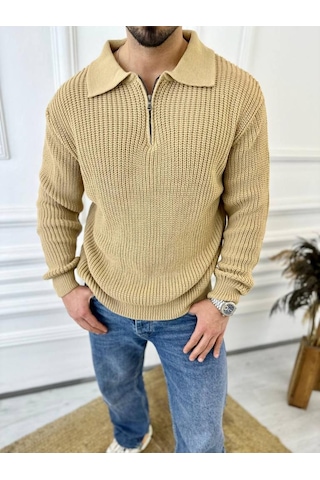 Kazak Oversize Tüylenmez Naturel Pamuk Fermuarlı Polo Yaka Örme Triko Kazak Kahverengi