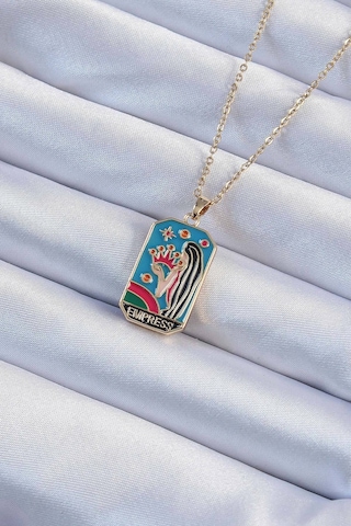 316l Çelik Zincir Altın Renk Taç Ve Kız Figürlü Renkli Mineli Tarot Kolye - Altın