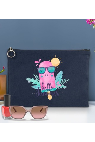 Bk Gift Yaz Temalı-5 Astarlı Lacivert Portföy Çanta 30x21cm, Baskılı El Çantası, Organizer Çanta