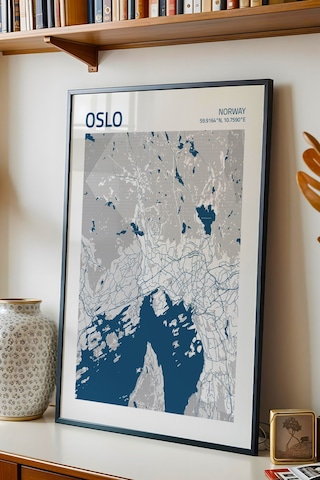 Oslo Norveç Norway Haritası Çerçeveli Tablo Lüks Salon Ofis Duvar Dekorasyonu Hediyelik Tablo