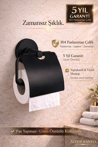 Alper Banyo Siyah 304 Paslanmaz Çelik Kapaklı Tuvalet Kağıtlığı – 5 Yıl Garantili – Yapışkanlı & Vidalı Montaj