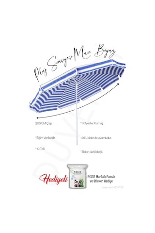 Plaj Şemsiyesi 10 Telli 200 Cm Çap Mavi Beyaz Eğim Verilir Bidonsuz Ve Rosie Hediye Mavi - Beyaz