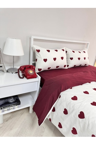 Üntaş Çift Taraflı Nevresim + 2 Adet Yastık Kılıfı Çift Kişilik Nevresim Takımı Kalp Desenli Beyaz - Bordo 200 x 230 Beyaz - Bordo