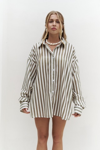 Rosy Transparan Çizgili Haki Oversize Gömlek Haki