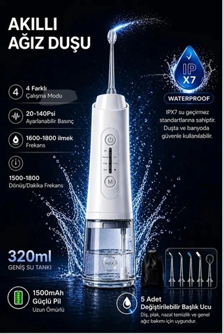 Şarjlı Ağız Duşu Diş Bakım Cihazı 4 Modlu Diş Arası Temizleyici 320ml 5 Başlıklı 1500 Mah Kablosuz