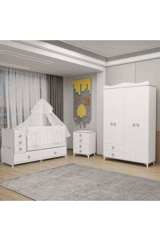 Melina Yıldız 4 Kapaklı Bebek Odası + Yatak + Uyku Seti - Gri Beyaz
