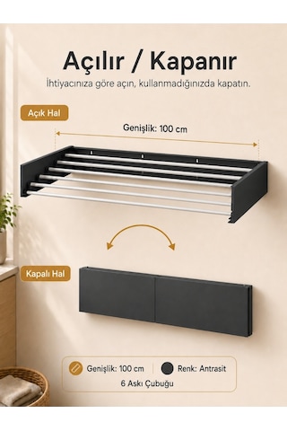 Çamaşır Kurutma Askılığı Katlanır Duvara Monte Balkon Banyo Askılık Duvar Tipi Yer Tasarruflu Kurutmalık 100 Cm Belize Antrasit