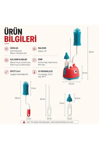 Valkyrie 3'lü Dinazor Biberon Temizleme Fırça Seti Silikon Biberon - Emzik ve Pipet Fırçası Stantlı