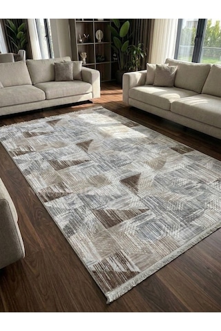 Gri Krem Kahve Kaymaz Taban Yıkanabilir Kesme Yolluk Halı Modern Desen