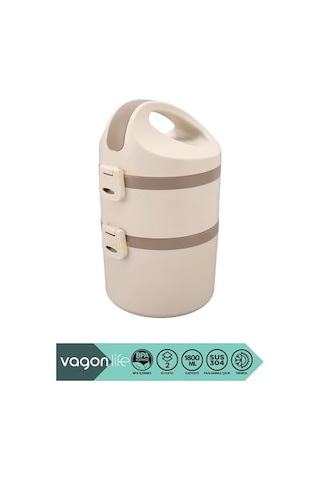 Vagonlife Bento 1800ml Lunchbox 2 Katlı 4-6 Saat Sıcak/soğuk Termos Özellikli Çelik Sefer Tası Yemek Kutusu Bej Diğer