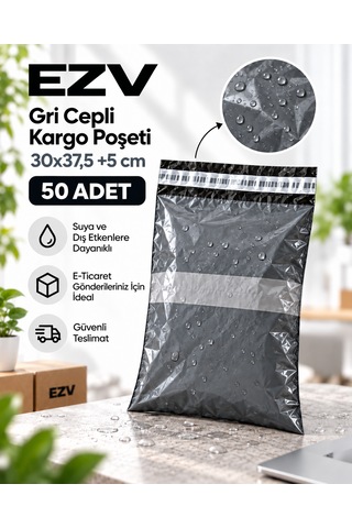 Gri Cepli Kargo Poşeti 30x37,5 +5 Cm 50 Adet