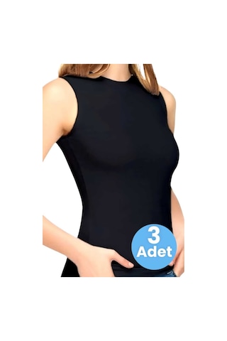 Uniquetrenders Kadın Sıfır Kol Bisiklet Yaka Pamuklu Atlet 3'lü Set Siyah