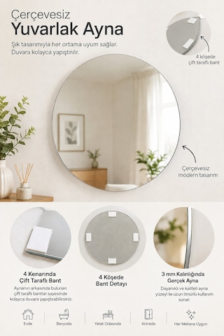 Duvara Yapıştırılan Çift Taraflı Bantlı, Çerçevesiz Dekoratif Ayna 40 Cm Çapında Duvara Yapıştırılan Çift Taraflı Bantlı, Çerçevesiz Dekoratif Ayna 40 Cm Çapında
