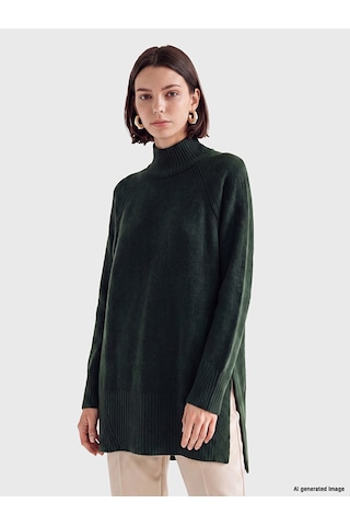 Lcw Modest Yeşil Yarım Balıkçı Yaka Oversize Kadın Triko Tunik Xl-2xl