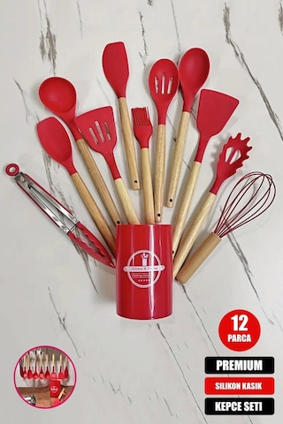 Tilbe Home 12'li Silikon Kevgir Kepçe Kaşık Fırça Spatula Çırpıcı Maşa Servis Seti Bambu Kırmızı Mut