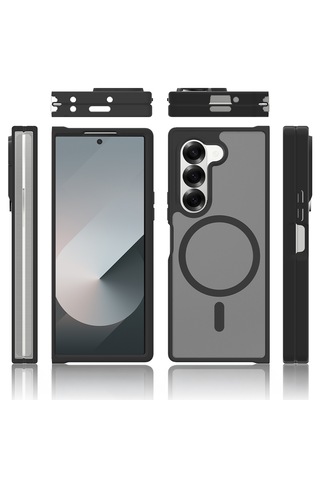 Samsung Galaxy Uyumlu Z Fold 6 Kılıf Kamera Korumalı M-safe Şarj Özellikli Yüzey Mat Darbe Emici Lunex Kapak Siyah