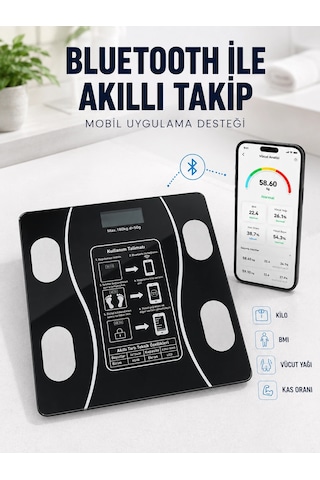 Akıllı Cam Baskül Bluetooth Mobil Uygulamalı Vücut Analiz Tartısı 180 Kg Lcd Ekran