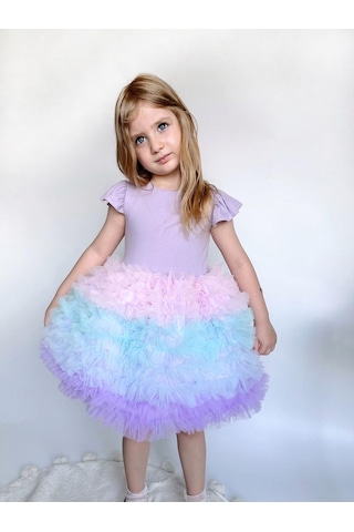 Linola Baby Kids Rainbow Tütü Etekli Kısa Kollu Çocuk Elbisesi Lila