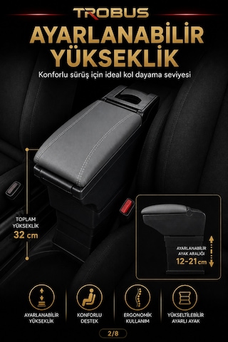 Trobus Renault Megane 1 1996-2003 Uyumlu Ayarlanabilir Ayaklı Kolçak Kol Dayama Bardaklıklı Gri