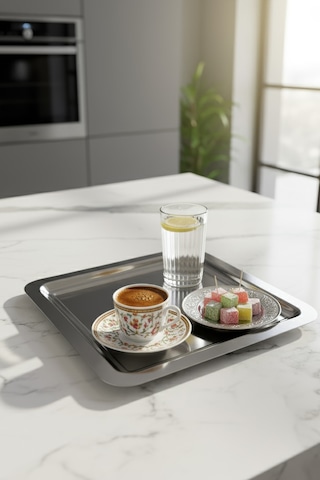 Gökdil 2 Adet 22x22 Kare Gümüş Renk Kahve Sunum Tepsisi Gri