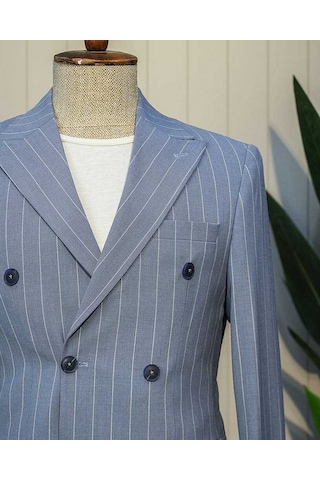 Bys Beystil Sivri Yaka Mavi Çizgili Kruvaze Takım Elbise 53151 - Slim Fit